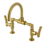 Kingston Brass Hallerbos 1.2 GPM Bridge, Widespread Bathroom Faucet with Pop-Up Drain Assembly Brushed Brass