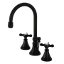 Kingston Brass Essex 1.2 GPM Deck Mounted Widespread Bathroom Faucet with Pop-Up Drain Assembly Matte Black