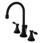 Kingston Brass Tudor 1.2 GPM Deck Mounted Widespread Bathroom Faucet with Pop-Up Drain Assembly Matte Black