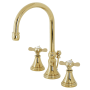 Kingston Brass Essex 1.2 GPM Deck Mounted Widespread Bathroom Faucet with Pop-Up Drain Assembly Polished Brass