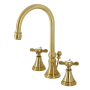Kingston Brass Essex 1.2 GPM Deck Mounted Widespread Bathroom Faucet with Pop-Up Drain Assembly Brushed Brass