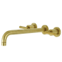 Kingston Brass Manhattan Wall Mounted Roman Tub Filler with Round Escutcheons with 11-3/16" Spout Reach Brushed Brass