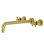 Kingston Brass Concord Wall Mounted Roman Tub Filler with 11-3/16" Spout Reach, Round Escutcheons, and Cross Handles Brushed Brass