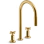Kohler Billet 1.5 GPM Widespread Pull Down Kitchen Faucet with Cross Handles - Includes Escutcheon Vibrant Brushed Moderne Brass