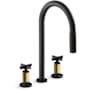 Kohler Billet 1.5 GPM Widespread Pull Down Kitchen Faucet with Cross Handles - Includes Escutcheon Matte Black with Brushed Moderne Brass