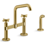Kohler Billet 1.5 GPM Widespread Bridge Kitchen Faucet - Includes Side Spray and Dual Cross Handles Vibrant Brushed Moderne Brass