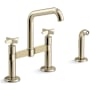 Kohler Billet 1.5 GPM Widespread Bridge Kitchen Faucet - Includes Side Spray and Dual Cross Handles Vibrant French Gold