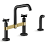 Kohler Billet 1.5 GPM Widespread Bridge Kitchen Faucet - Includes Side Spray and Dual Cross Handles Matte Black with Brushed Moderne Brass