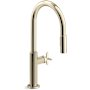 Kohler Billet 1.5 GPM Single Hole Pull Down Kitchen Faucet with Single Cross Handle Vibrant French Gold