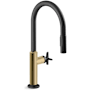 Kohler Billet 1.5 GPM Single Hole Pull Down Kitchen Faucet with Single Cross Handle Matte Black with Brushed Moderne Brass