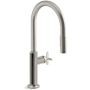 Kohler Billet 1.5 GPM Single Hole Pull Down Kitchen Faucet with Single Cross Handle Vibrant Stainless