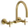 Kohler Billet 1.5 GPM Wall Mounted Widespread Bridge Pre-Rinse Kitchen Faucet with Dual Cross Handles Vibrant Brushed Moderne Brass