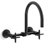 Kohler Billet 1.5 GPM Wall Mounted Widespread Bridge Pre-Rinse Kitchen Faucet with Dual Cross Handles Matte Black