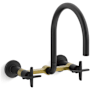 Kohler Billet 1.5 GPM Wall Mounted Widespread Bridge Pre-Rinse Kitchen Faucet with Dual Cross Handles Matte Black with Brushed Moderne Brass