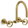 Kohler Billet 1.5 GPM Wall Mounted Widespread Bridge Kitchen Faucet Vibrant Brushed Moderne Brass
