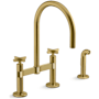 Kohler Billet 1.5 GPM Widespread Bridge Kitchen Faucet - Includes Side Spray and High-Arch Spout Vibrant Brushed Moderne Brass