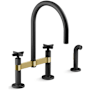 Kohler Billet 1.5 GPM Widespread Bridge Kitchen Faucet - Includes Side Spray and High-Arch Spout Matte Black with Brushed Moderne Brass