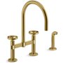 Kohler Billet 1.5 GPM Widespread Bridge Kitchen Faucet - Includes Side Spray and Dual Wheel Handles Vibrant Brushed Moderne Brass