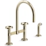 Kohler Billet 1.5 GPM Widespread Bridge Kitchen Faucet - Includes Side Spray and Dual Wheel Handles Vibrant French Gold