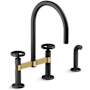 Kohler Billet 1.5 GPM Widespread Bridge Kitchen Faucet - Includes Side Spray and Dual Wheel Handles Matte Black with Brushed Moderne Brass