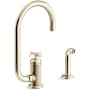Kohler Billet 1.5 GPM Single Hole Kitchen Faucet - Includes Side Spray and Single Cross Handle Vibrant French Gold