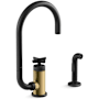 Kohler Billet 1.5 GPM Single Hole Kitchen Faucet - Includes Side Spray and Single Cross Handle Matte Black with Brushed Moderne Brass
