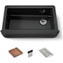 Kohler Tempered 35-5/8" x 21-5/16" x 9" Undermount Single-Bowl Farmhouse Workstation Kitchen Sink with Tall Apron Black Black