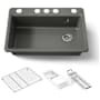 Kohler Riverby 33" Undermount Single Basin Enameled Cast Iron Workstation Kitchen Sink with Utility Rack, Sink Rack and Colander, and Intregral Cutting Board Thunder Grey