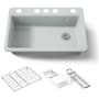 Kohler Riverby 33" Undermount Single Basin Enameled Cast Iron Workstation Kitchen Sink with Utility Rack, Sink Rack and Colander, and Intregral Cutting Board Ice Grey