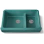 Kohler Whitehaven 35-1/2" Self-Trimming Farmhouse Double Basin Enameled Cast Iron Kitchen Sink with Smart Divide Basin Teal