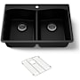 Kohler Kennon 33" Top or Undermount Double Bowl Neoroc Composite Kitchen Sink with Left-Bowl Sink Rack Matte Black