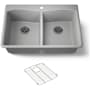Kohler Kennon 33" Top or Undermount Double Bowl Neoroc Composite Kitchen Sink with Left-Bowl Sink Rack Matte Grey