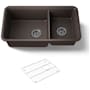Kohler Cairn Slim Divide 33-1/2" Undermount Double Bowl Neoroc Granite Composite Kitchen Sink with Large Bowl Sink Rack Matte Brown