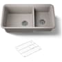 Kohler Cairn Slim Divide 33-1/2" Undermount Double Bowl Neoroc Granite Composite Kitchen Sink with Large Bowl Sink Rack Matte Taupe