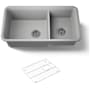 Kohler Cairn Slim Divide 33-1/2" Undermount Double Bowl Neoroc Granite Composite Kitchen Sink with Large Bowl Sink Rack Matte Grey