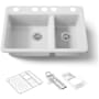 Kohler Riverby 33" Undermount 60/40 Double Basin Enameled Cast Iron Workstation Kitchen Sink with Basin Rack, Colander, Cutting Board, and Utility Rack White