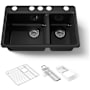 Kohler Riverby 33" Undermount 60/40 Double Basin Enameled Cast Iron Workstation Kitchen Sink with Basin Rack, Colander, Cutting Board, and Utility Rack Black Black