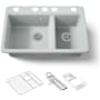 Kohler Riverby 33" Undermount 60/40 Double Basin Enameled Cast Iron Workstation Kitchen Sink with Basin Rack, Colander, Cutting Board, and Utility Rack Ice Grey