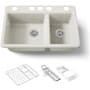 Kohler Riverby 33" Undermount 60/40 Double Basin Enameled Cast Iron Workstation Kitchen Sink with Basin Rack, Colander, Cutting Board, and Utility Rack Biscuit