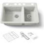 Kohler Riverby 33" Undermount 60/40 Double Basin Enameled Cast Iron Workstation Kitchen Sink with Basin Rack, Colander, Cutting Board, and Utility Rack Dune