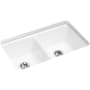 Kohler Riverby 33" Undermount Double Basin Cast Iron Kitchen Sink with Basin Rack and 50/50 Basin Split White