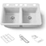 Kohler Riverby 33" Undermount 50/50 Double Basin Enameled Cast Iron Workstation Kitchen Sink with Basin Rack, Colander, Cutting Board, and Utility Rack White