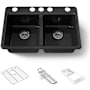 Kohler Riverby 33" Undermount 50/50 Double Basin Enameled Cast Iron Workstation Kitchen Sink with Basin Rack, Colander, Cutting Board, and Utility Rack Black Black
