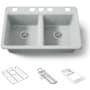 Kohler Riverby 33" Undermount 50/50 Double Basin Enameled Cast Iron Workstation Kitchen Sink with Basin Rack, Colander, Cutting Board, and Utility Rack Ice Grey