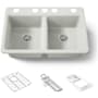 Kohler Riverby 33" Undermount 50/50 Double Basin Enameled Cast Iron Workstation Kitchen Sink with Basin Rack, Colander, Cutting Board, and Utility Rack Dune