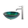 Kraus Bathroom Combo - 17" Nei Glass Vessel Bathroom Sink with Vessel Faucet, Pop-Up Drain and Mounting Ring Satin Nickel