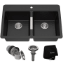 Kraus Quarza 33" Double Basin Dual Mount (Drop In or Undermount) Granite Composite Kitchen Sink with 50/50 Split Black Onyx