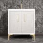 Linkasink Mother of Pearl 30" Single Free Standing Vanity Cabinet Only - Less Vanity Top White / Polished Brass with White Tiger Prism Glass