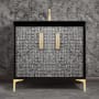 Linkasink Mother of Pearl 36" Single Free Standing Vanity Cabinet Only - Less Vanity Top Black / Satin Brass with Eglomise Prism Glass