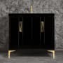 Linkasink Tuxedo 36" Single Free Standing Vanity Cabinet Only - Less Vanity Top Black / Polished Brass with Black Tiger Prism Glass